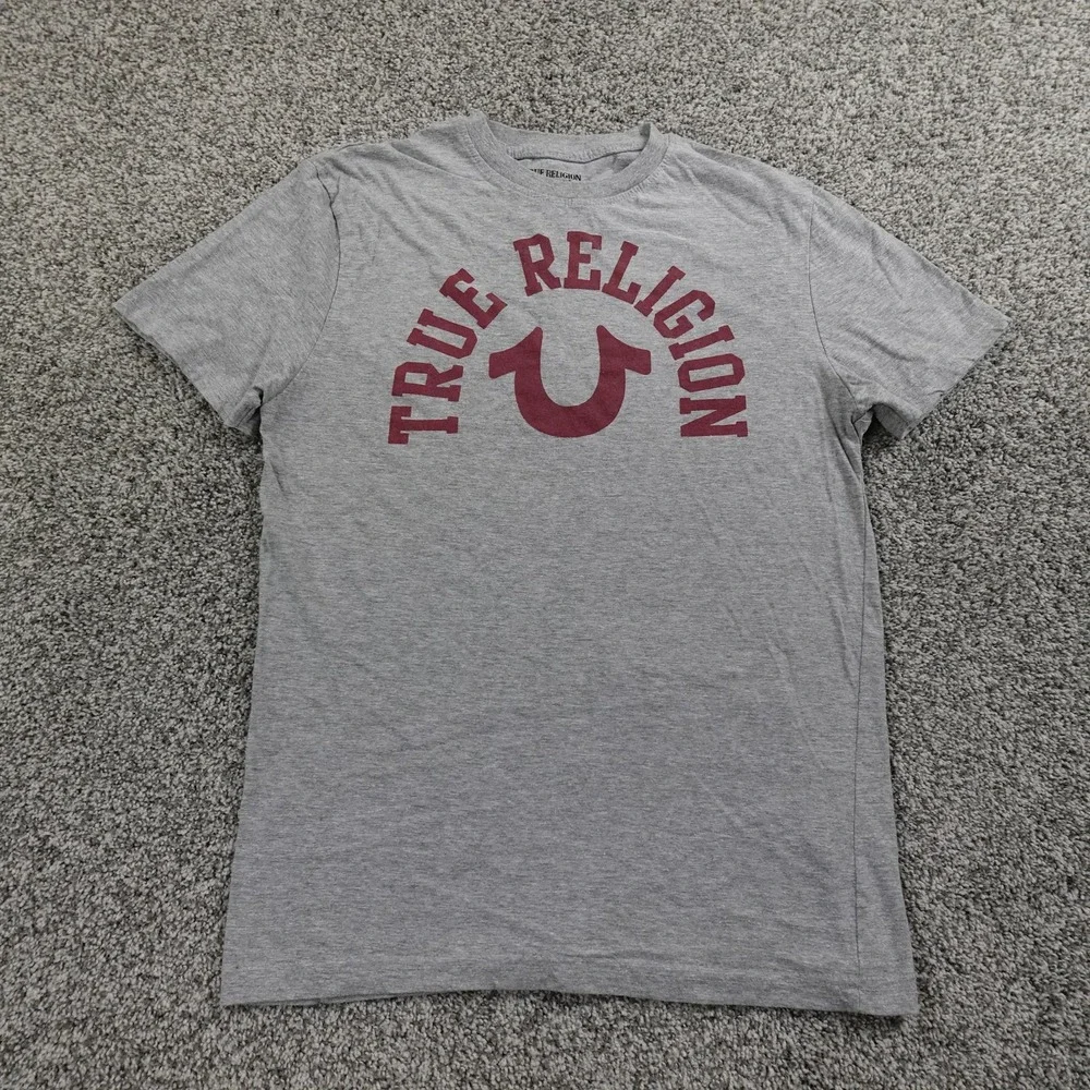 True Religion‎ Shirt Mens M Gray Graphic Horseshoe Spell Out Logo Crewneck Tee